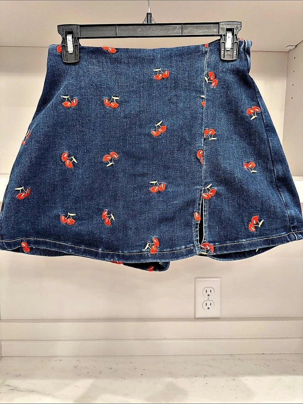 Pink Lily small My Favorite Dark Wash Cherry Embroidered Side Slit Denim Skort